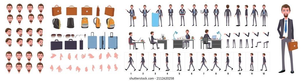 Business Man Character Design Model Sheet. Front, side, back view and explainer animation poses. Character set with lip sync and facial expressions of Happy, angry, sad, and Side walk cycle animation