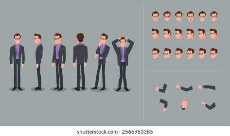 A business man character design model sheet with different poses and expressions. Vector illustration