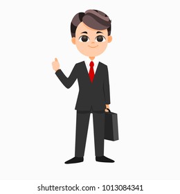 Business man character design of vector. he is holding black bag. feeling positive.