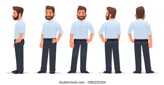 Business Man Character From Different Angles. View From The Front, Side And Back. The Guy Is In A Pose. Vector Illustration In Cartoon Style