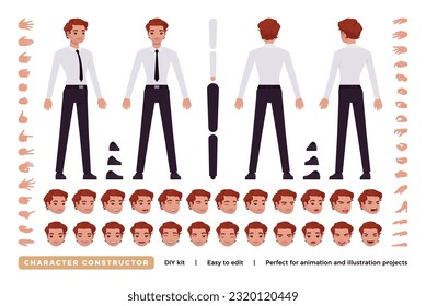 Business man character DIY constructor. Office boy figure parts. Head, leg, hand gestures, female manager different emotions. Vector flat style cartoon construction kit isolated on white background