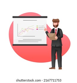 Business man character doing presentation in flat design style. Dressed in Tuxedo. Vector illustration.