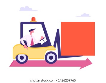 Business Man Character Driving Forklift Loader with Huge Square Figure Riding along Red Arrow on Floor. Business Challenge, Competition Metaphor, Task Solution, Cartoon Flat Vector Illustration