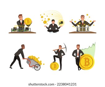 Business Man Character Extracting Bitcoin and Cryptocurrency with Wheelbarrow and Pickaxe Vector Set