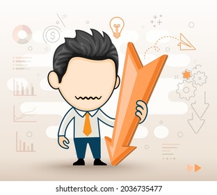 Business man character with falling down arrow chart. Business bankruptcy concept in cartoon style