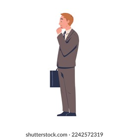 Business Man Character in Formal Suit Standing with Briefcase and Thinking Vector Illustration