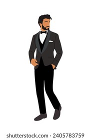 Business man character in formal tuxedo outfit.