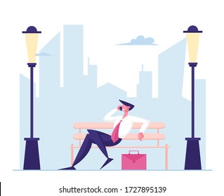 Business Man Character in Formal Wear Sitting on Bench Speaking by Mobile Phone on Cityscape Background. Businessman Walking, Relaxing Outdoors, Communicate with Colleague. Cartoon Vector Illustration