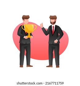 Business man character give thumb up to a trophy in flat design style. Dressed in Tuxedo. Vector illustration.