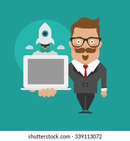 Business man character with glasses and computer/ online marketing