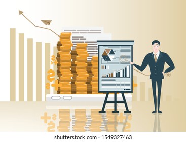 business man character and Gold coin on smart phone and Success graph with strategy board on bright background and Business growth idea with stock market concept and currency icon with rocket paper.