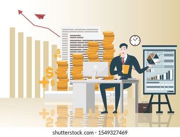 business man character and Gold coin on smart phone and Success graph with strategy board on bright background and Business growth idea with stock market concept and currency icon with rocket paper.