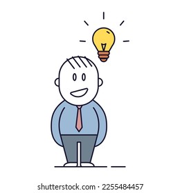 Business man character having an idea. Vector thin line doodle icon illustration with little businessman person with lightbulb. Searching for solution, having idea, brainstorming, creativity