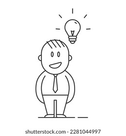 Carácter de hombre de negocios con una idea. Ilustración de ícono de garabato de línea delgada vectora con pequeño hombre de negocios con bombilla. Buscando solución, tener idea, lluvia de ideas, creatividad