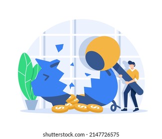 Business Man Character Hitting Piggy Bank With Hammer Going To Take Coins From Moneybox,Money Saving Concept