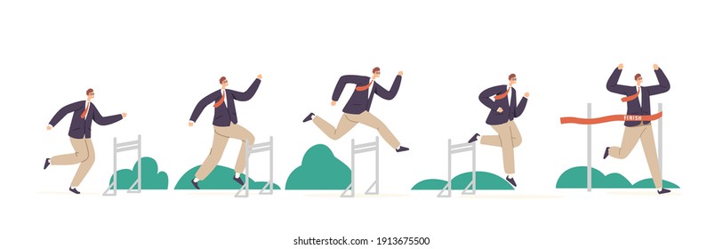 Business Man Character Hurdle Jump, Running with Obstacles Competition. Businessman Jumping over Barriers, Cross Finish Line. Leadership, Sport Challenge, Leader Chase. Cartoon Vector Illustration