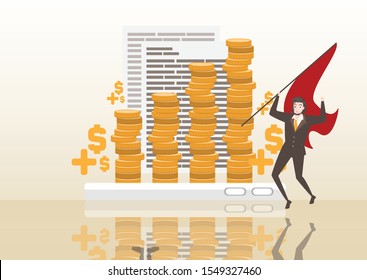 business man character jump and hold red flag of victory and Gold coin on smart phone and Success graph with stock market concept and currency icon