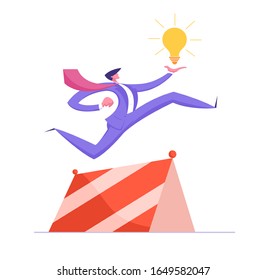 Business Man Character Jumping over Barrier Holding Huge Glowing Light Bulb in Hand. Businessman Fight for Leadership, Creative Idea Startup Project, Successful Leader. Cartoon Vector Illustration