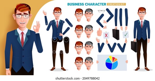 Business man character kit vector set. Businessman creation characters with hand gestures and head facial expressions editable for job employee body parts creator design. Vector illustration.
