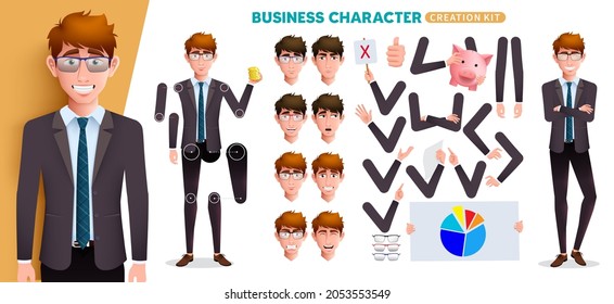 Business man character kit vector set. Businessman creation characters with head, arms and business elements editable for employee face expression and body creator design. Vector illustration.
