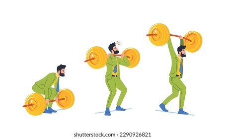 Business Man Character Lift Heavy Barbell With Golden Coins Symbolize Hard Work And Dedication To The Craft