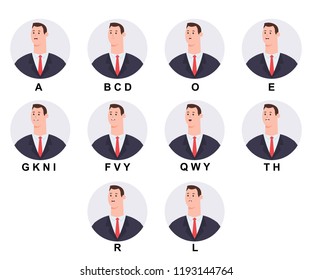 Business man character with mouth animation. Vector cartoon human head with lip sync icons set isolated on a white background.