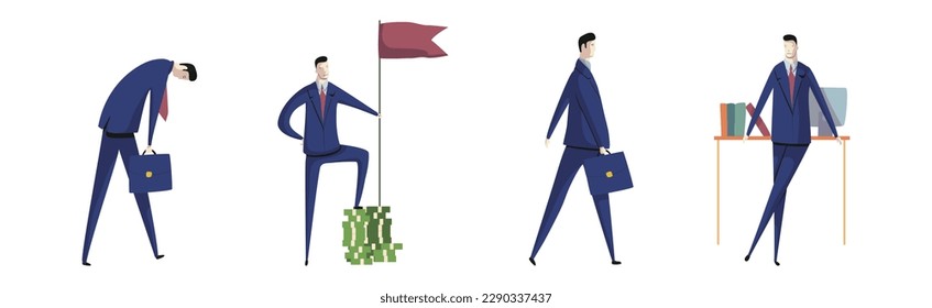 Business Man Character and Office Employee Engaged in Different Activity Vector Set