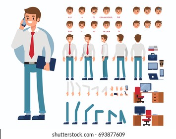 Business man character constructor and office objects for animation. Set of various men's poses, faces, mouth, hands, legs. Flat style vector illustration isolated on white background. Business man character constructor and office objects for animation. Set of various men's poses, faces, mouth, hands, legs. Flat style vector illustration isolated on white background.