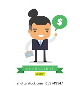Business Man Character Pointing and Presenting. Vector Illustration