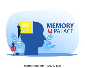 Business Man Character Put Memory Palace , On Head Human Mindset Concept Vector Illustrator