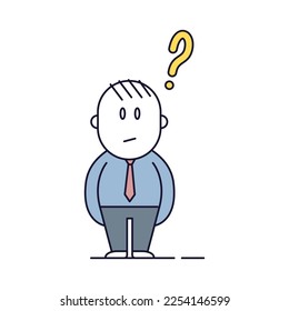 Cuestionamiento de personajes de hombres de negocios. Ilustración del icono del doodle de línea delgada vectora con un pequeño empresario con signo de interrogación. Buscando solución, dudas, confusión, aprendizaje