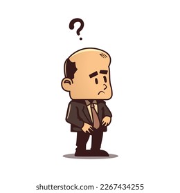 Business man character questioning. Vector cartoon illustration with little businessman person with question mark. Searching for solution, doubts, confusion, learning