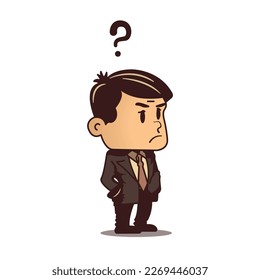 Business man character questioning. Vector cartoon illustration with little businessman person with question mark. Searching for solution, doubts, confusion, learning