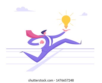 Business Man Character Running on Stadium Holding Glowing Light Bulb in Hand. Businessman Crossing Finish Track Line. Leadership, Creative Idea, Successful Leader Cartoon Flat Vector Illustration