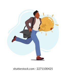 Business Man Character Running on Stadium Holding Glowing Light Bulb in Hand. Successful Leader Businessman Compete for Leadership, Developing Creative Idea. Cartoon Vector Illustration