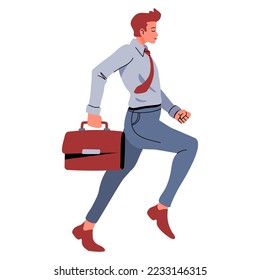Business man character running to work concept of office employees, and business activities, flat vector illustration