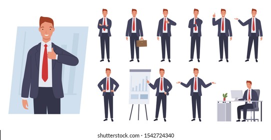 Business man character set. Different poses and emotions. Vector illustration in a flat style