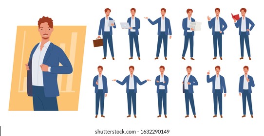 Business Man Character Set. Different Poses And Emotions. Vector Illustration In A Flat Style