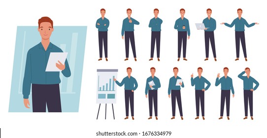 Business man character set. Different poses and emotions. Vector illustration in a flat style