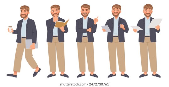 Business man character set. Man looks at the report, takes notes, reads, points. Full length guy in a business suit. Vector illustration in cartoon style