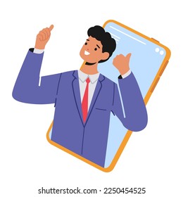Business Man Character Showing Thumb Up on Smartphone Screen. Social Spam, Online Public Relations and Affairs Concept. Alert Advertising Campaign, Propaganda Pr Promo. Cartoon Vector Illustration