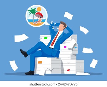 Business man character sleep in bunch of papers. Tired businessman or office worker sleeping on workplace. Stress at work. Bureaucracy, paperwork, deadline. Vector illustration in flat style