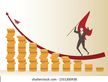 business man character and Success Gold coin graph with red paper rocket and strategy concept and Business growth idea with stock market design , man in brown suite jumping and hold rad flag on arrow.