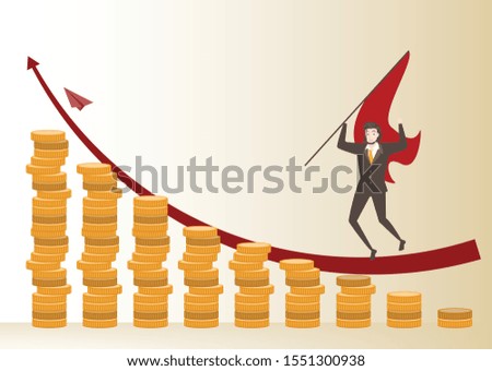 business man character and Success Gold coin graph with red paper rocket and strategy concept and Business growth idea with stock market design , man in brown suite jumping and hold rad flag on arrow. Stock photo © 