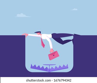 Business Man Character Survive in Crisis, Bankruptcy Concept. Scared Businessman Character Hanging above Deep Hole with Trap on Bottom. Bank Demand Debt from Client. Cartoon Vector Illustration