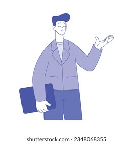 Business Man Character with Tablet Showing Gesture with Hand Vector Illustration