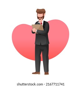 Business man character thinks in flat design style. Dressed in Tuxedo. Vector illustration.