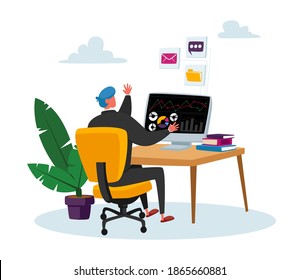 Business Man Character Trader Working on Computer Sell and Buy Currency, Precious Metals and Bonds on Stock Market. Company Broker Service, Pc Application for Trading. Cartoon Vector Illustration