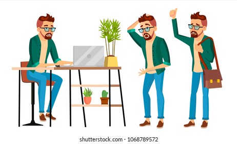 Business Man Character Vector. Hipster Working Man. Environment Process In Start Up Office, Studio. Male Programmer, Designer. Isolated On White Cartoon Business Character Illustration