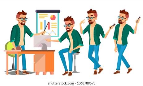 Business Man Character Vector. Hipster Working Male. Environment Process. Start Up. Casual Clothes. Worker. Full Length. Programmer, Manager. Expressions. Flat Business Character Illustration